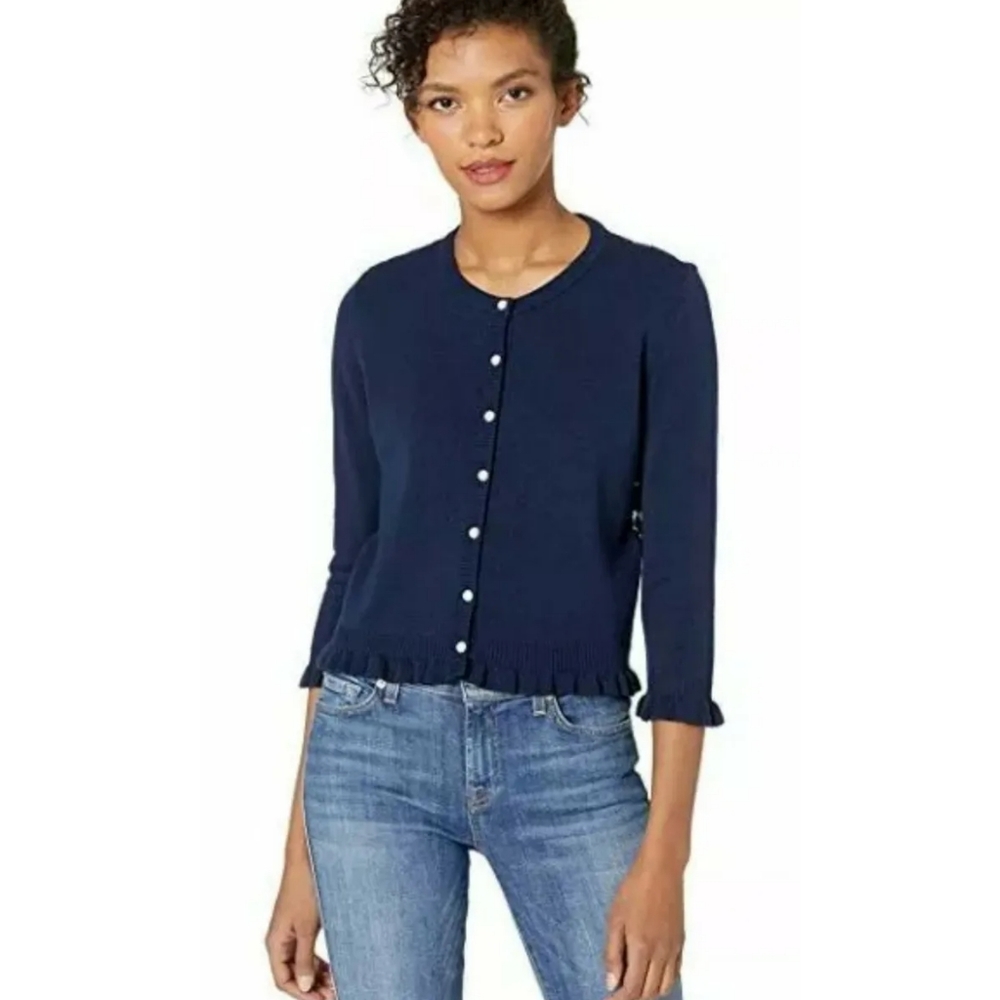 Karl Lagerfeld Paris Navy Blue Ruffled Cardigan with Black Lace Back XS